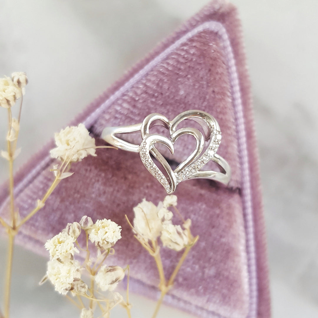 Double Diamond Heart Silver Ring