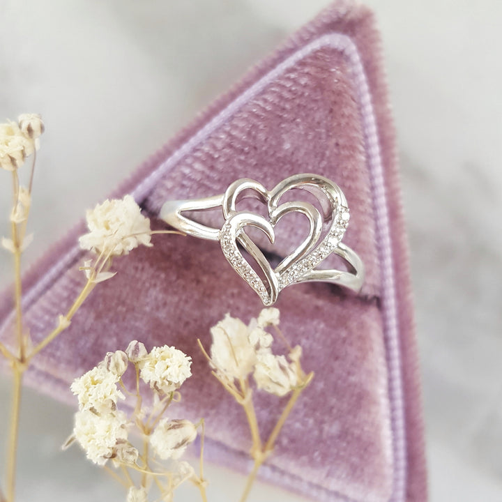 Double Diamond Heart Silver Ring