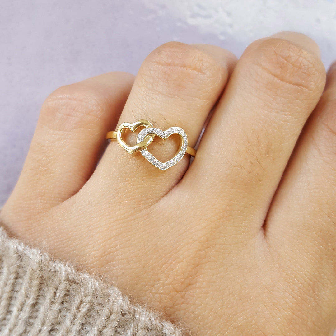 Double Gold and Diamond Heart Ring