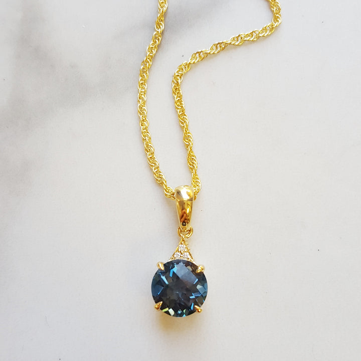 14k Yellow Gold London Blue Topaz and Diamond Pendant