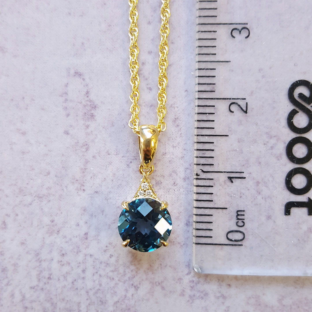 14k Yellow Gold London Blue Topaz and Diamond Pendant