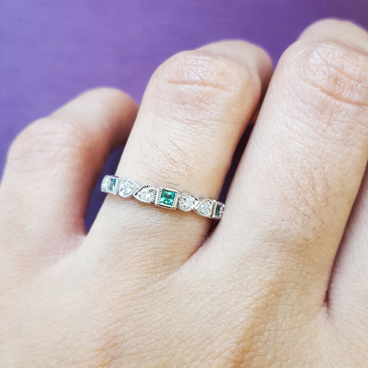 Emerald and Diamond Patterned Stackable Ring