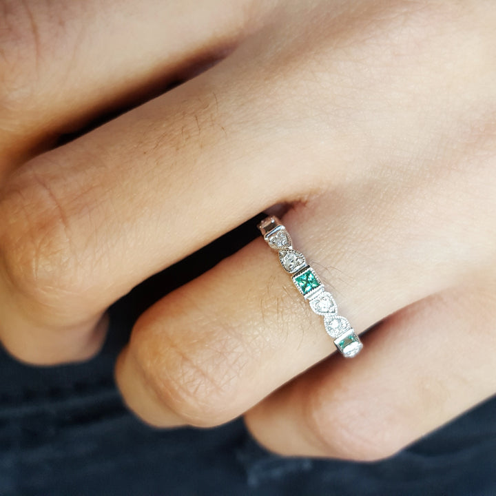 Emerald and Diamond Patterned Stackable Ring