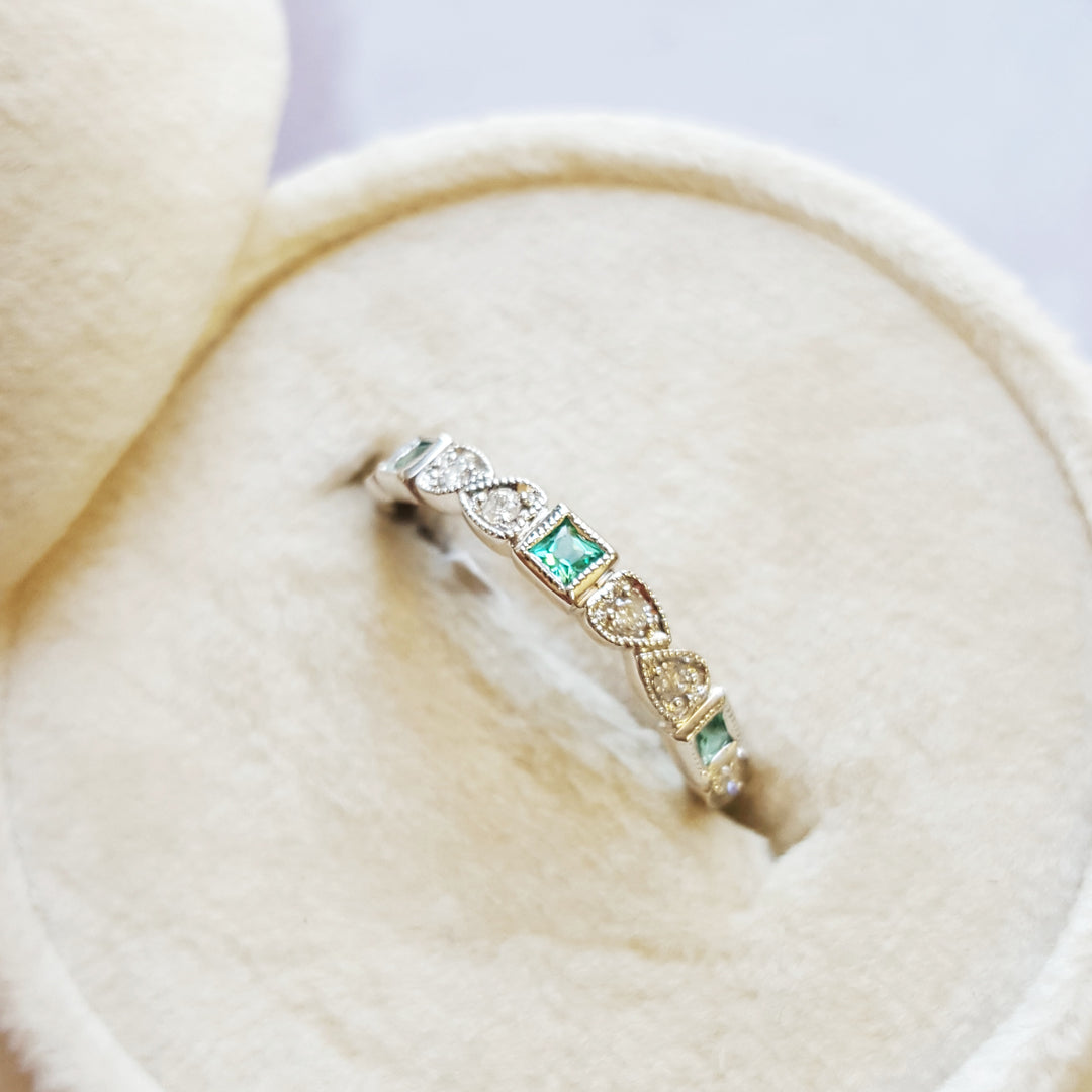 Emerald and Diamond Patterned Stackable Ring