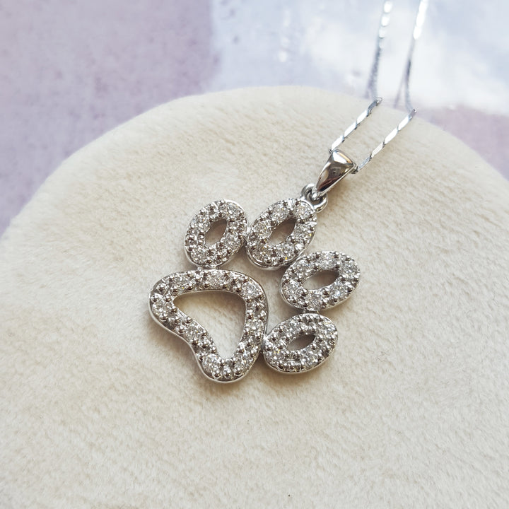 14K White Gold Sparkling Paw Print Diamond Pendant