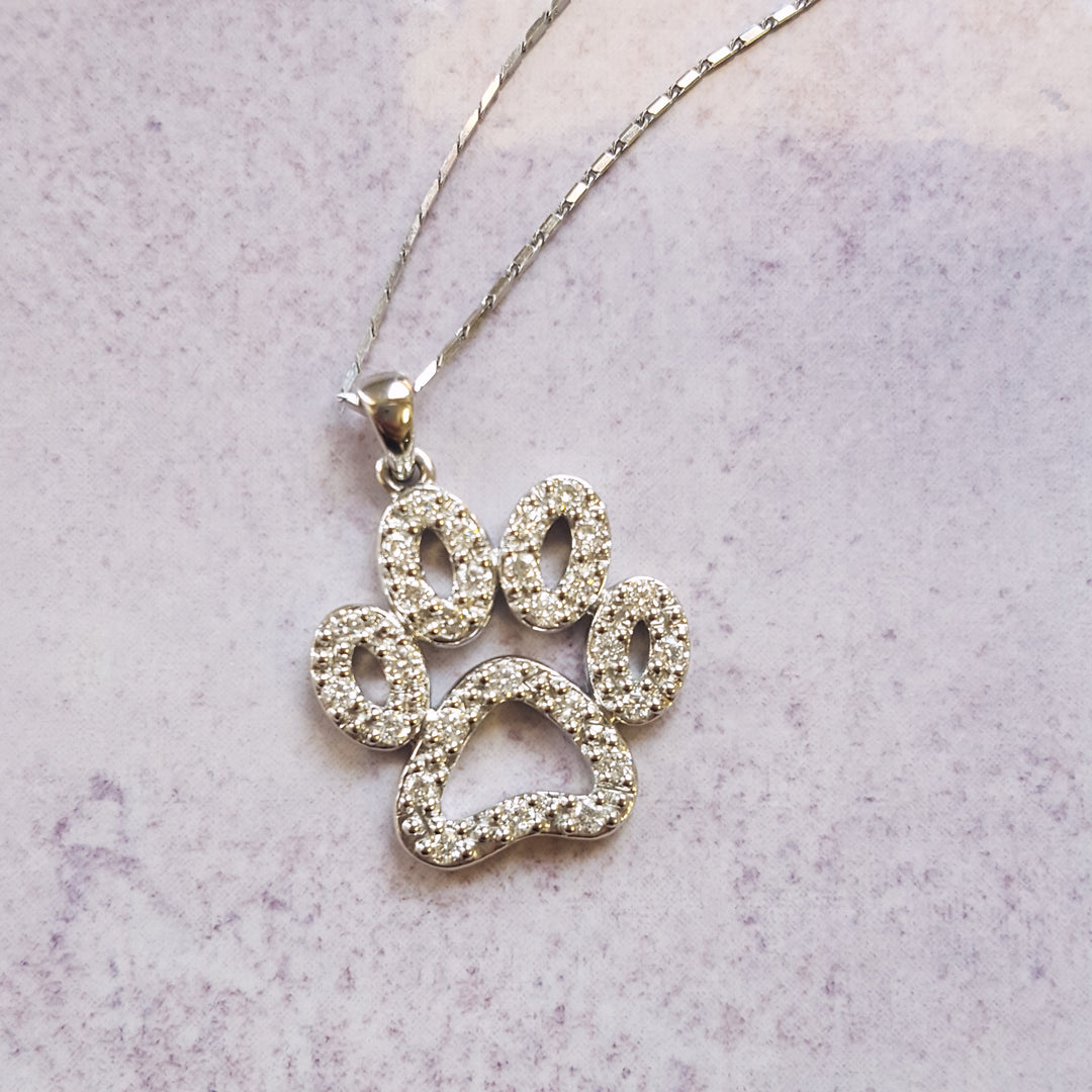 14K White Gold Sparkling Paw Print Diamond Pendant