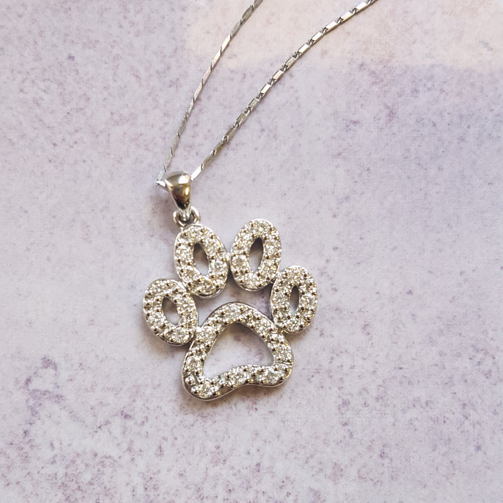 14K White Gold Sparkling Paw Print Diamond Pendant