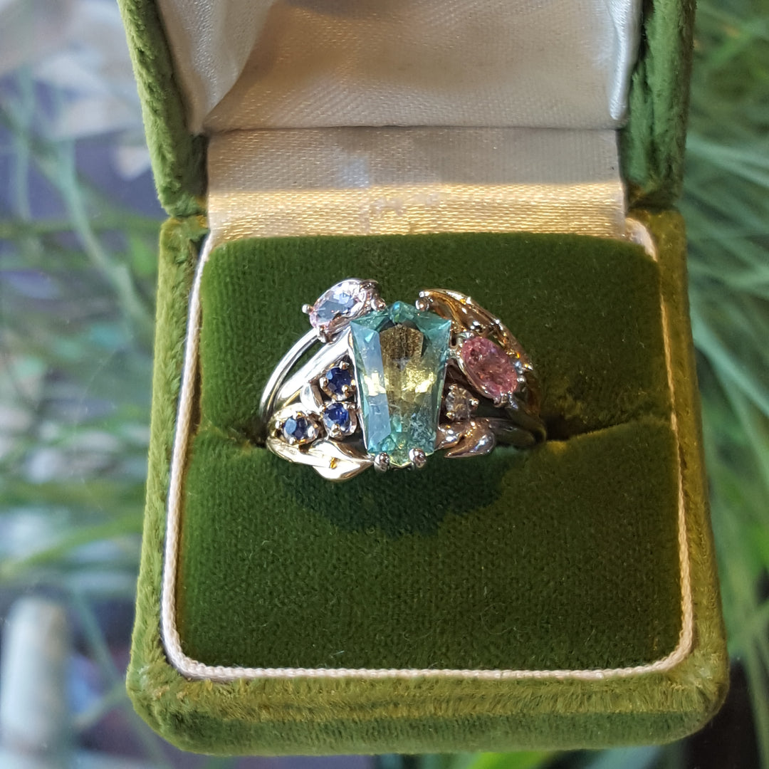 "Fields of Cali" - 14k Two Tone California Tourmaline and Montana Sapphire Nature Inspired Ring