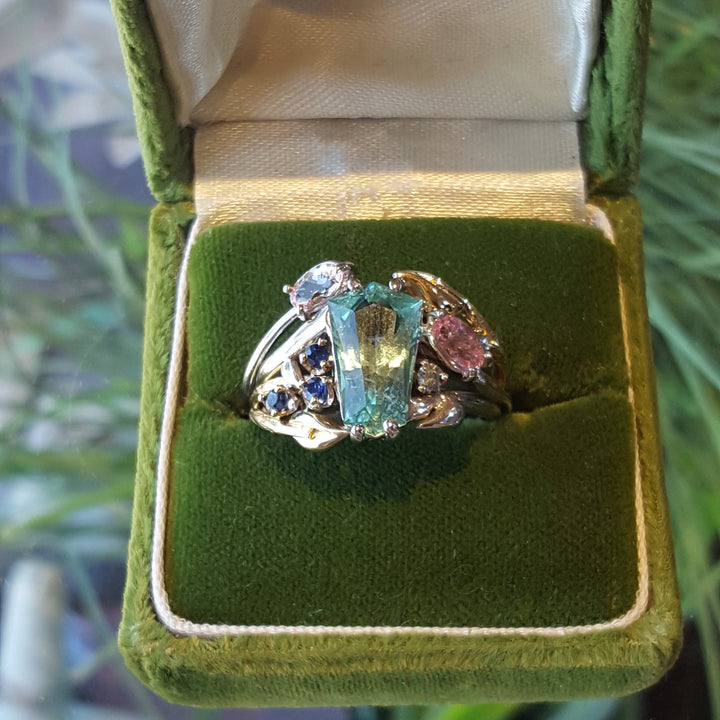"Fields of Cali" - 14k Two Tone California Tourmaline and Montana Sapphire Nature Inspired Ring