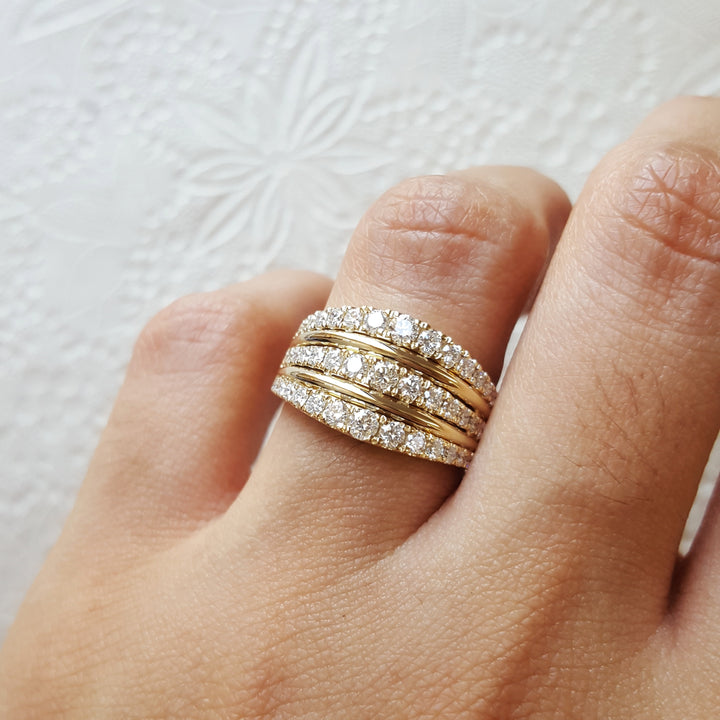 14K Yellow Gold Triple Row Diamond Ring