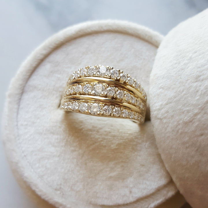 14K Yellow Gold Triple Row Diamond Ring