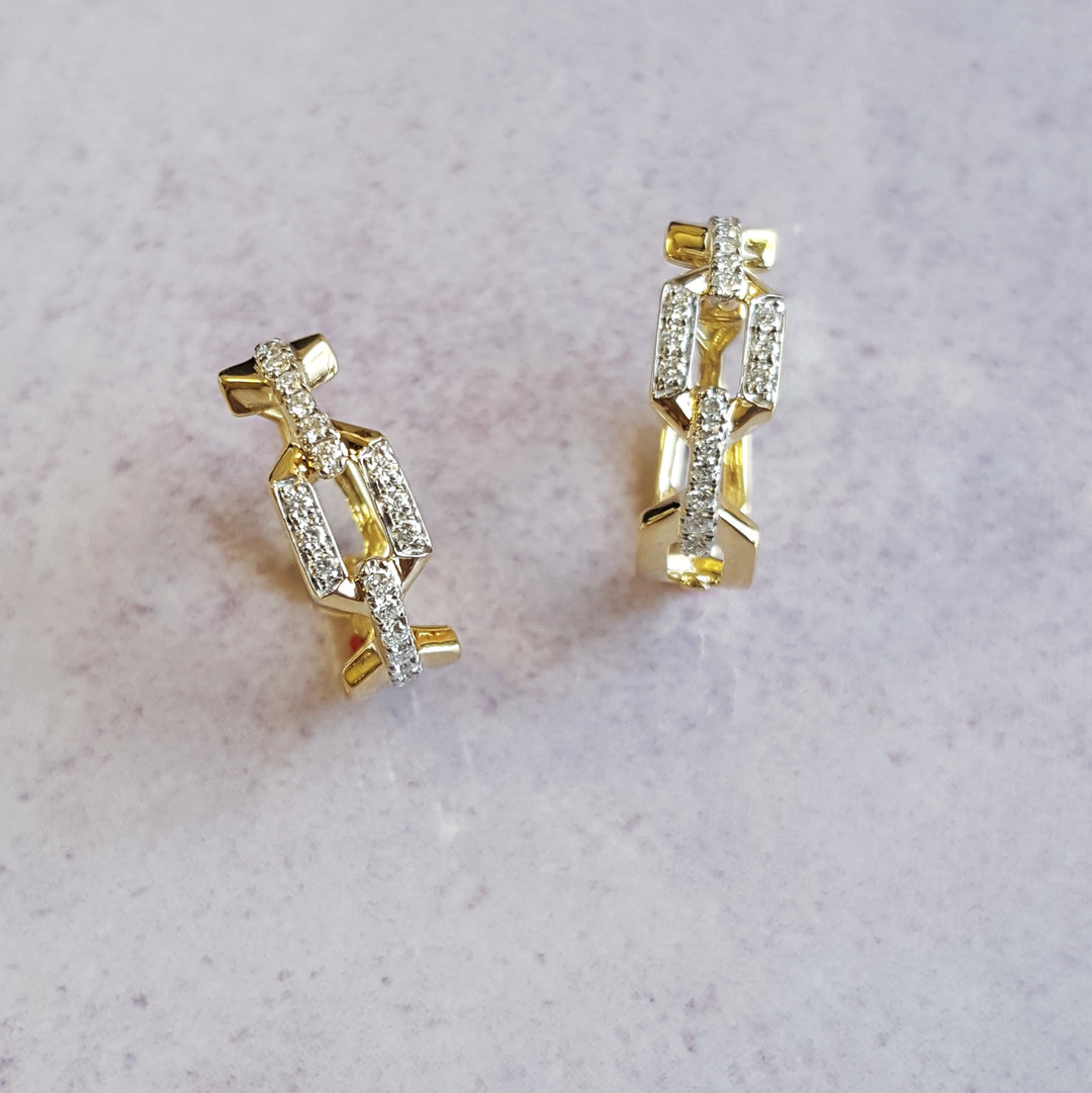 14K Yellow Gold Diamond Link Hoop Earrings