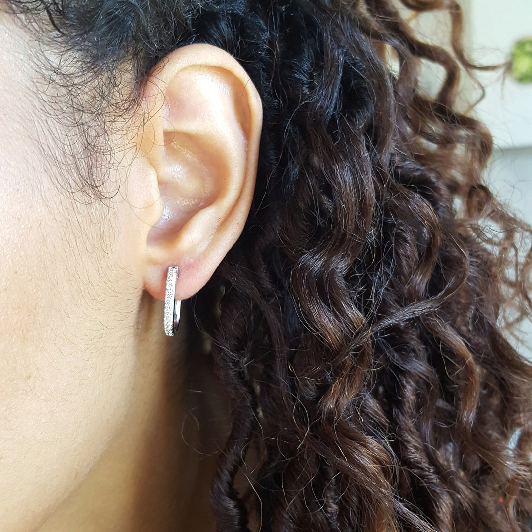 14K White Gold Sleek Diamond Hoops