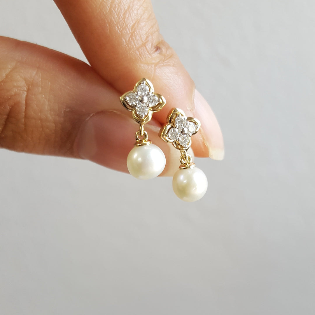 14K Yellow Gold Vintage Inspired Pearl Earrings