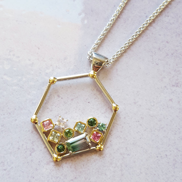 "Tetris"; Sterling Silver and 14k Yellow Gold Tourmaline Pendant