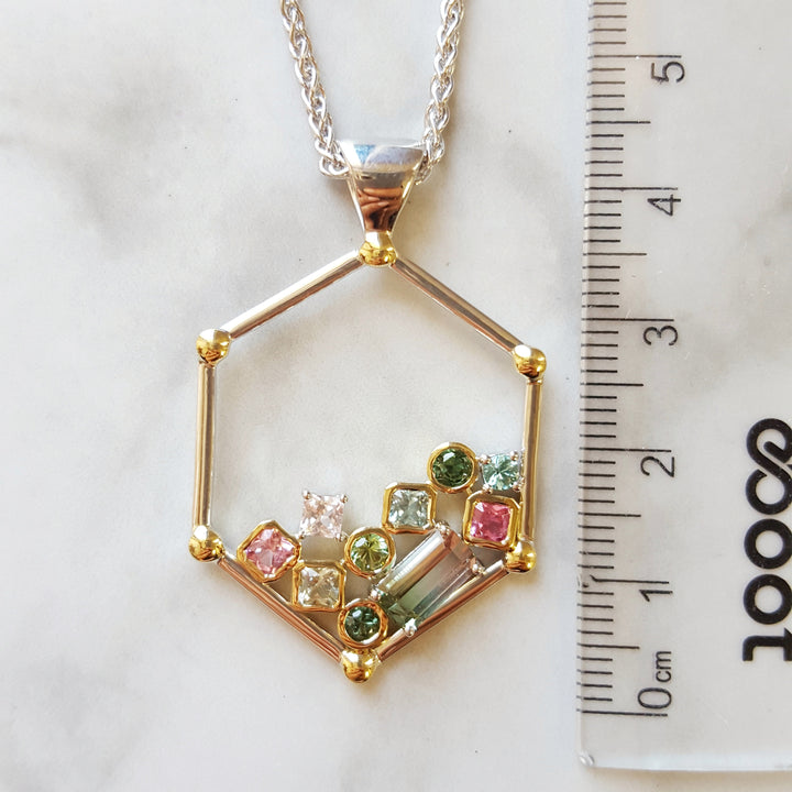 "Tetris"; Sterling Silver and 14k Yellow Gold Tourmaline Pendant