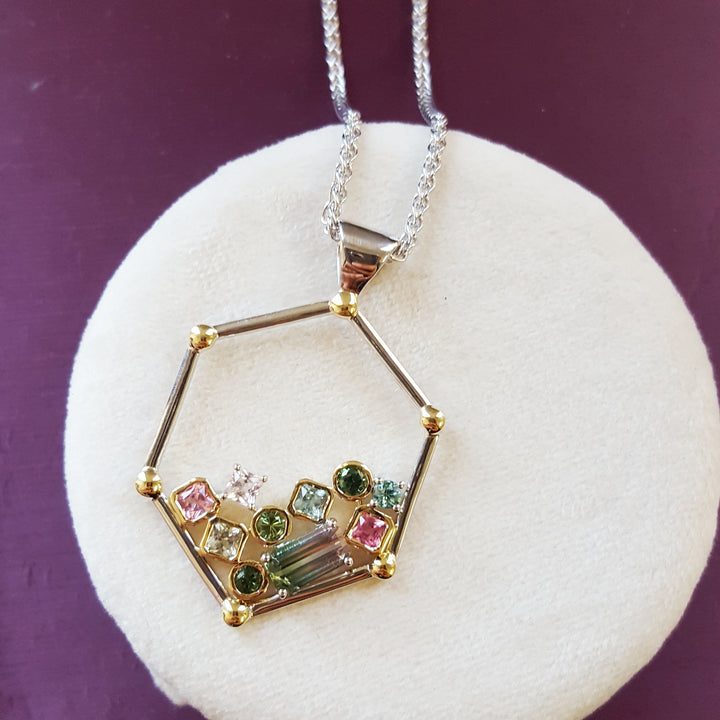 "Tetris"; Sterling Silver and 14k Yellow Gold Tourmaline Pendant