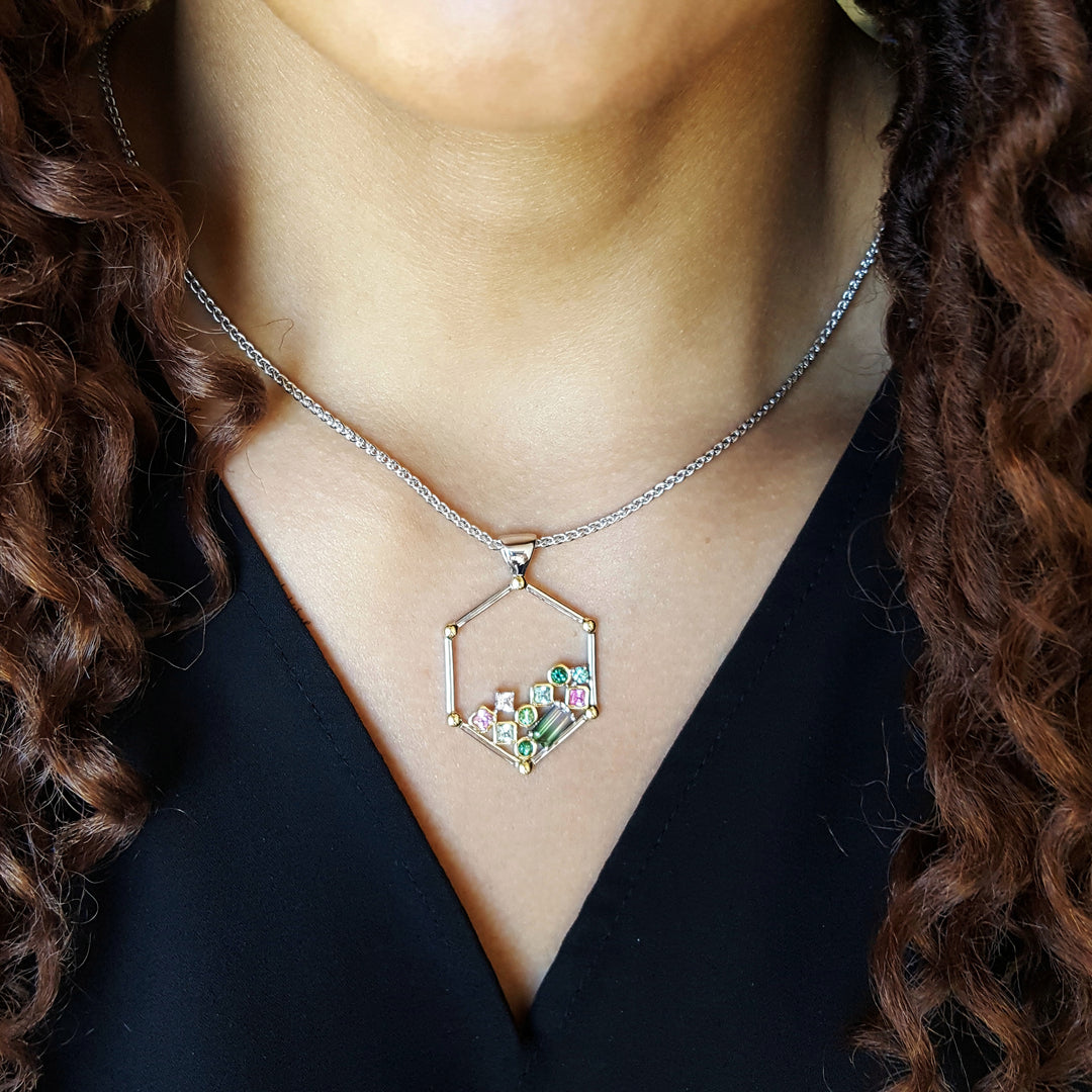 "Tetris"; Sterling Silver and 14k Yellow Gold Tourmaline Pendant