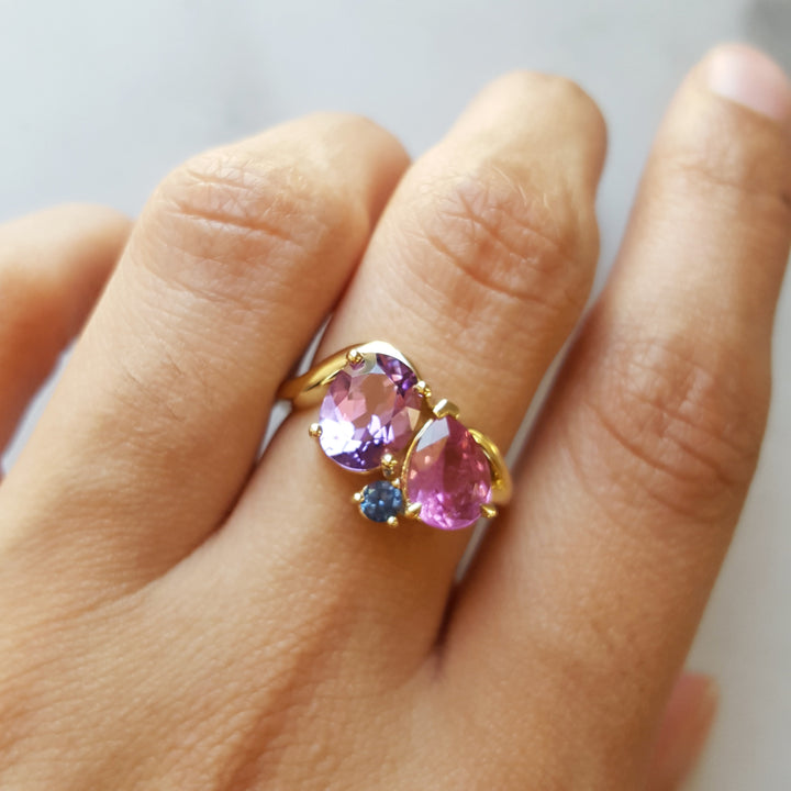 "Treasure Trove"; 14k Yellow Gold 3-Stone Tourmaline, Sapphire, and Amethyst Ring