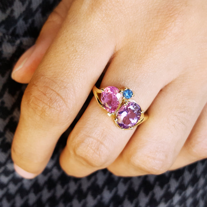 "Treasure Trove"; 14k Yellow Gold 3-Stone Tourmaline, Sapphire, and Amethyst Ring