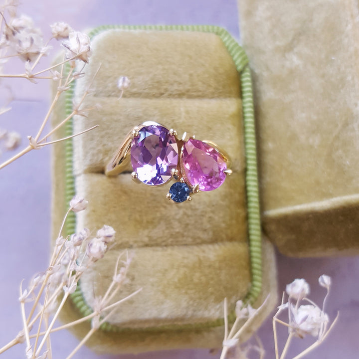 "Treasure Trove"; 14k Yellow Gold 3-Stone Tourmaline, Sapphire, and Amethyst Ring
