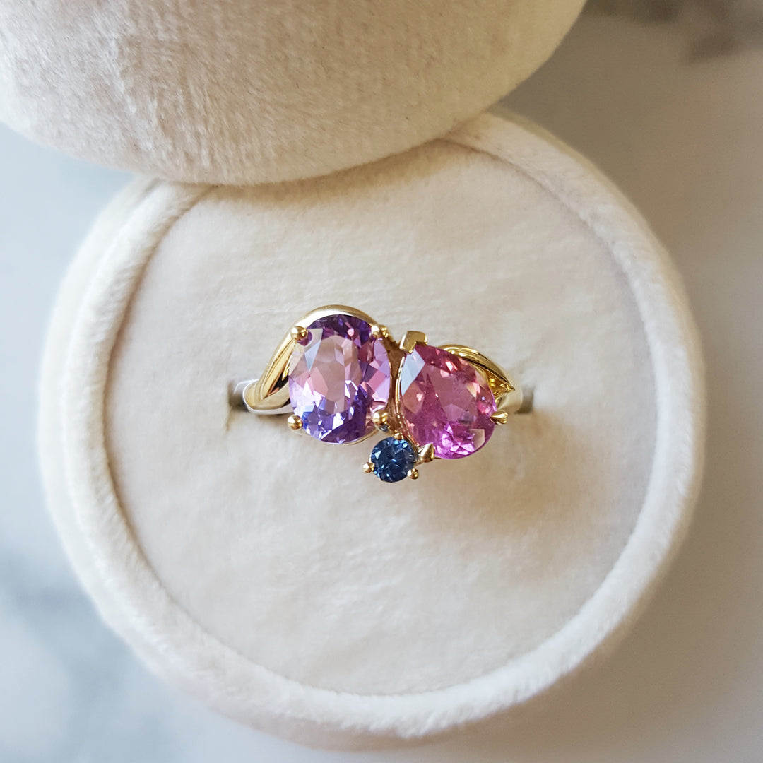 "Treasure Trove"; 14k Yellow Gold 3-Stone Tourmaline, Sapphire, and Amethyst Ring