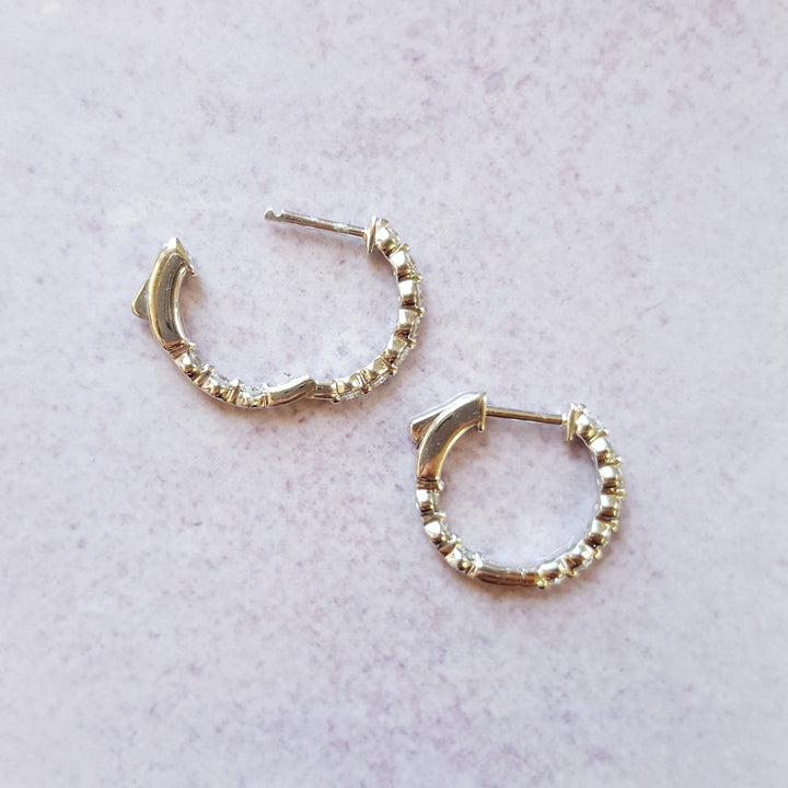 14K White Gold Diamond Huggie Hoops