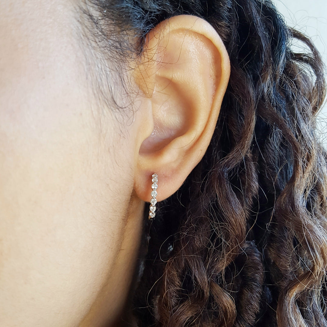14K White Gold Diamond Huggie Hoops