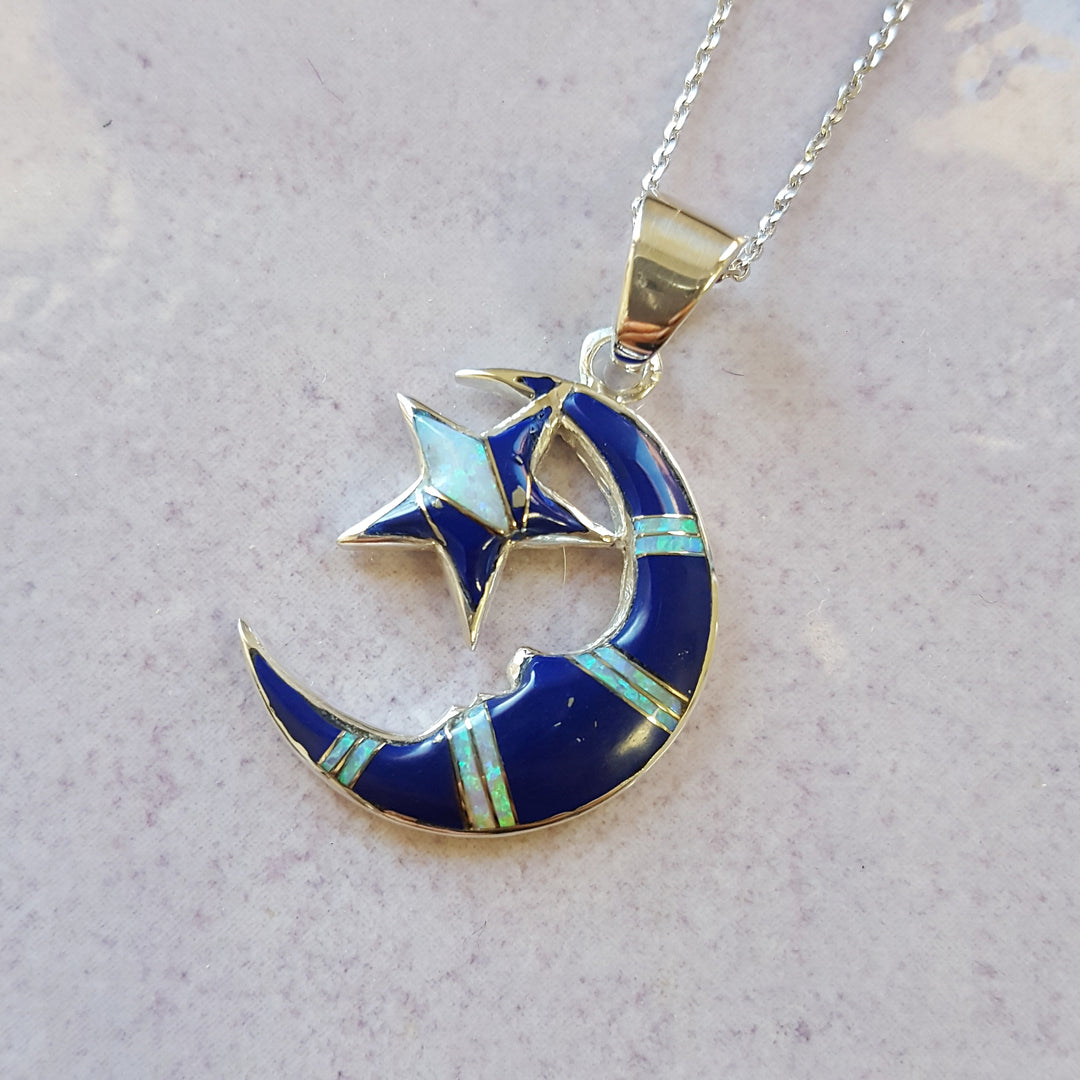 Sterling Silver Lapis Moon and Star Pendant