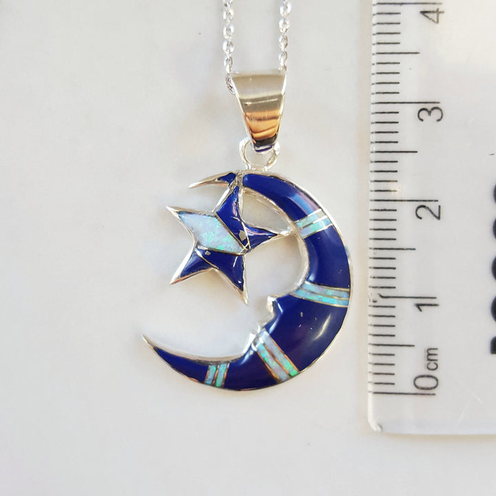 Sterling Silver Lapis Moon and Star Pendant