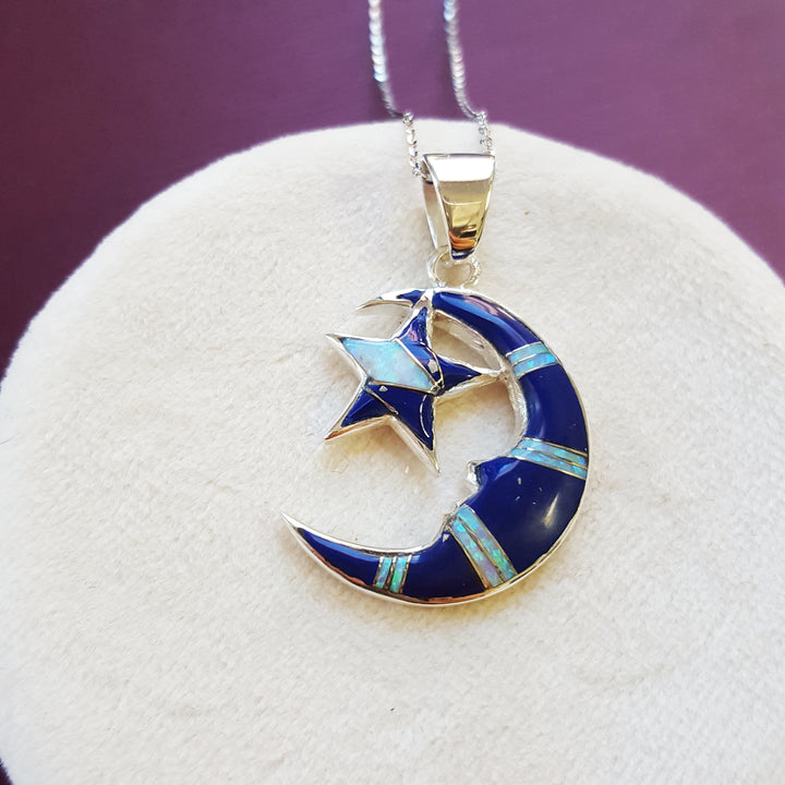 Sterling Silver Lapis Moon and Star Pendant