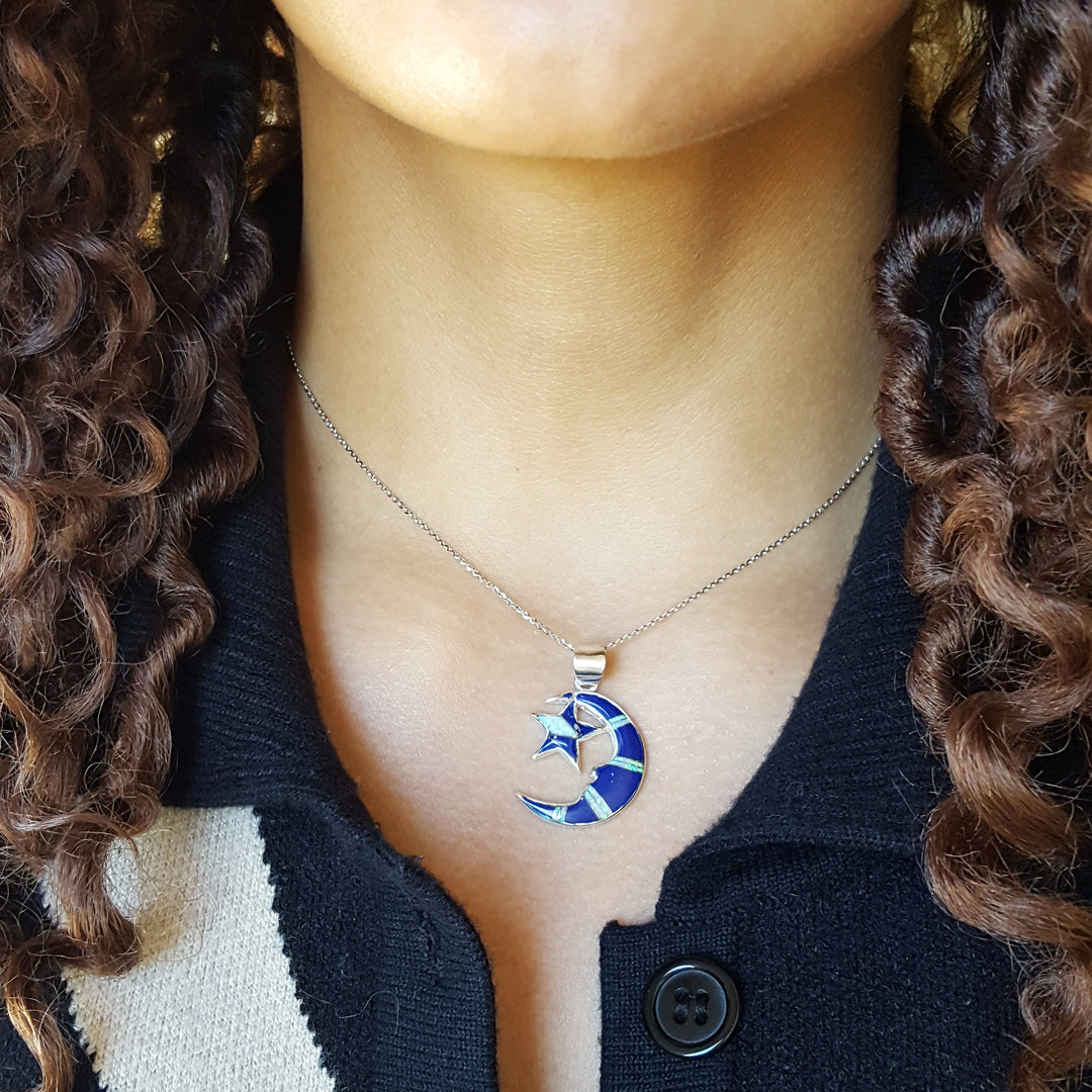 Sterling Silver Lapis Moon and Star Pendant