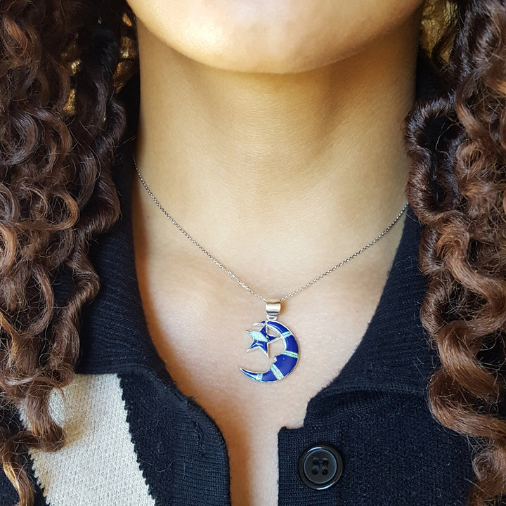 Sterling Silver Lapis Moon and Star Pendant