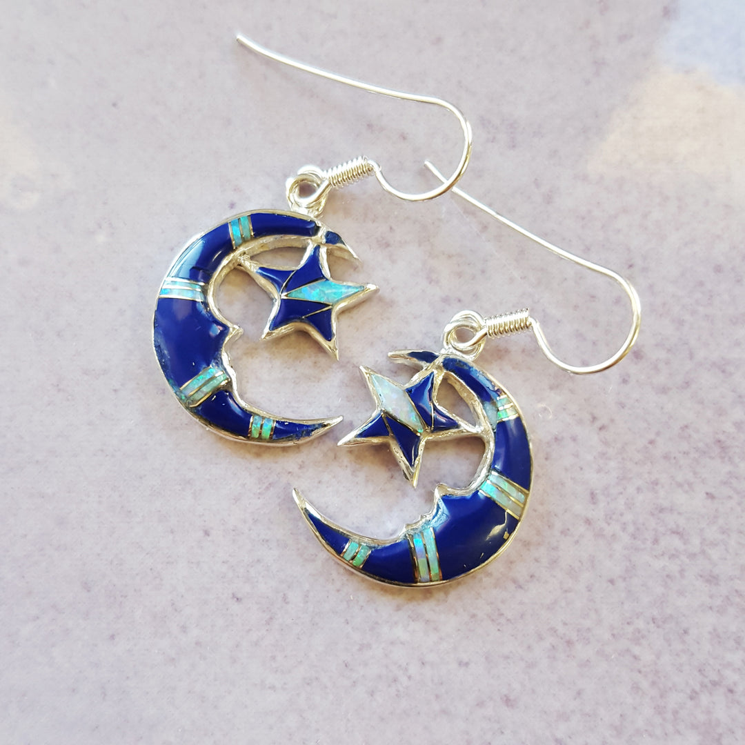 Sterling Silver Arizona Lapis Inlaid Moon and Star Earrings