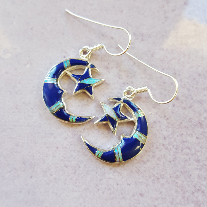 Sterling Silver Arizona Lapis Inlaid Moon and Star Earrings