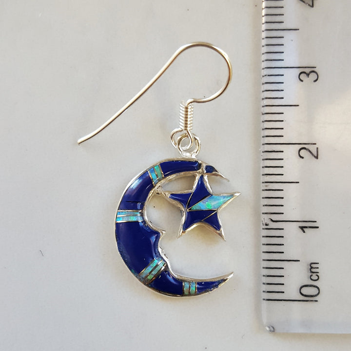 Sterling Silver Arizona Lapis Inlaid Moon and Star Earrings