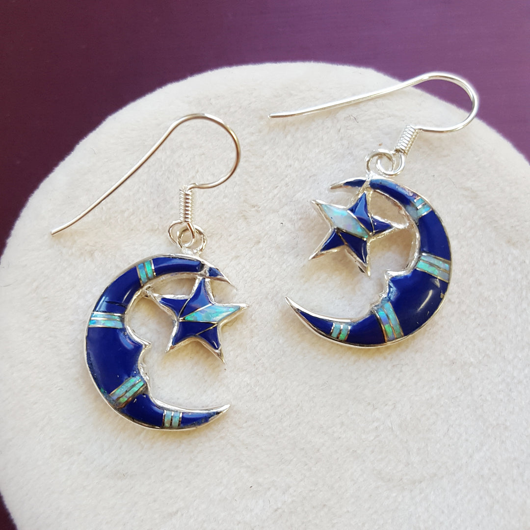 Sterling Silver Arizona Lapis Inlaid Moon and Star Earrings