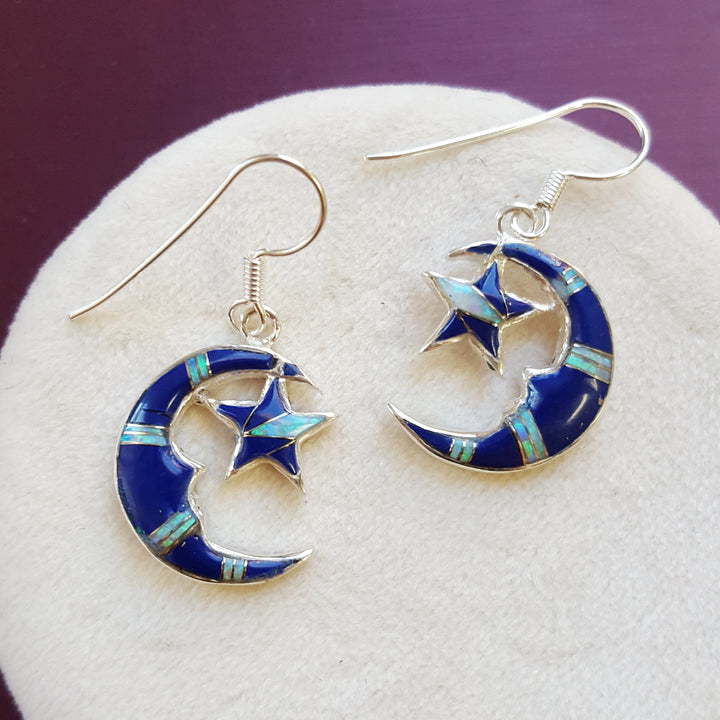 Sterling Silver Arizona Lapis Inlaid Moon and Star Earrings