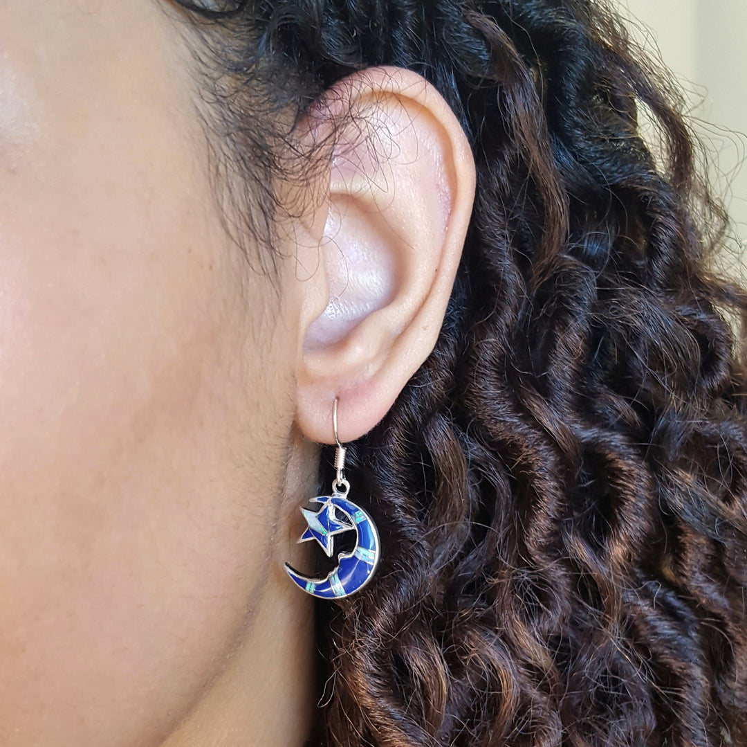 Sterling Silver Arizona Lapis Inlaid Moon and Star Earrings