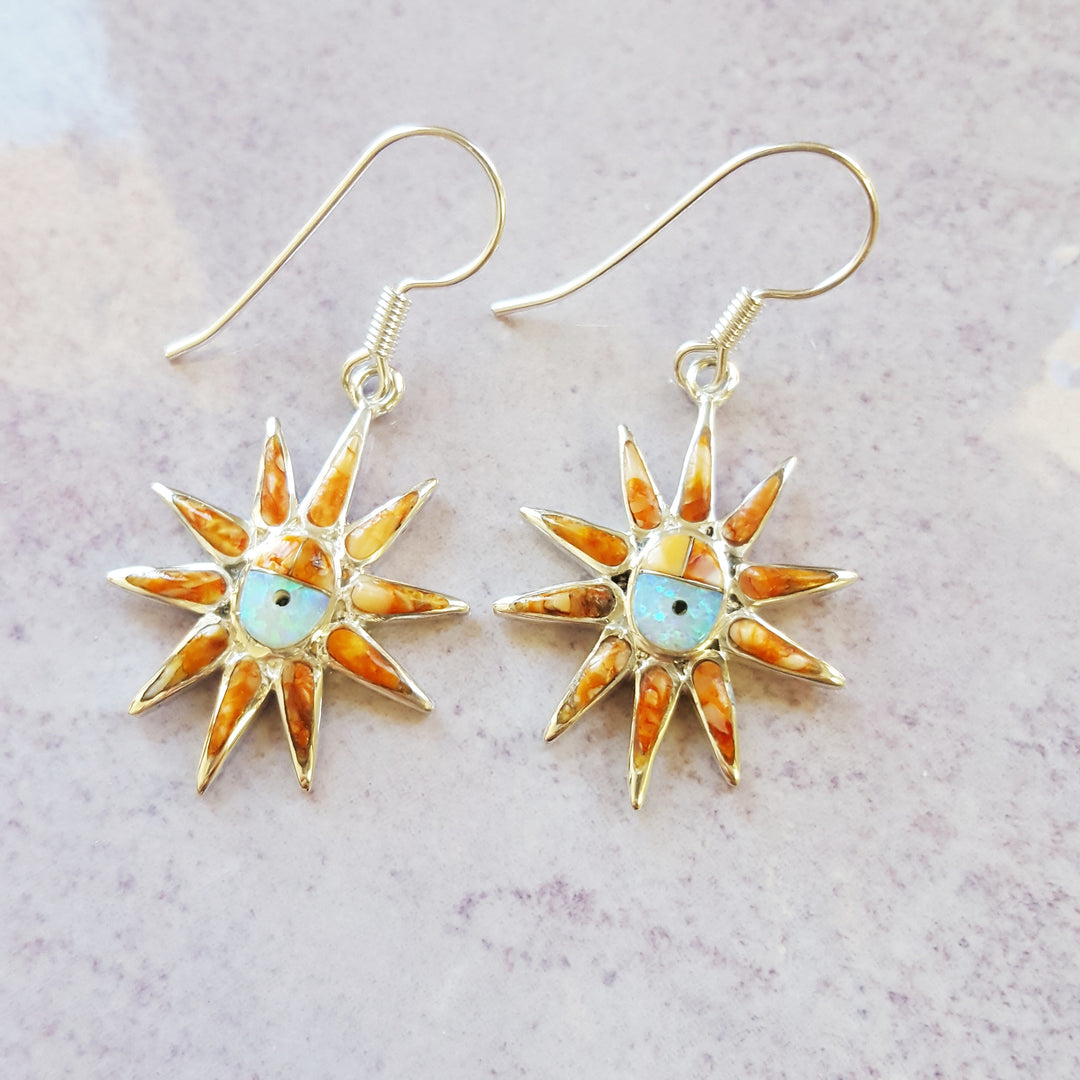 Sterling Silver Arizona Inlaid Jewelry Sun Dangle Earrings