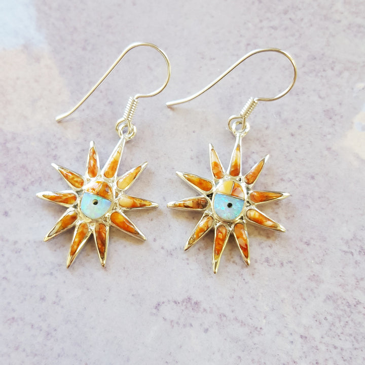 Sterling Silver Arizona Inlaid Jewelry Sun Dangle Earrings