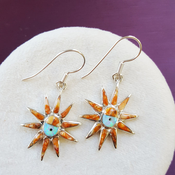 Sterling Silver Arizona Inlaid Jewelry Sun Dangle Earrings