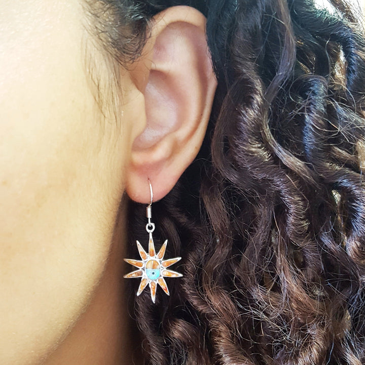 Sterling Silver Arizona Inlaid Jewelry Sun Dangle Earrings