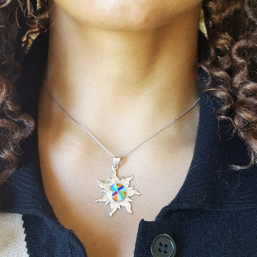Arizona Turquoise and Inlaid Jewelry Multicolored Sun Pendant
