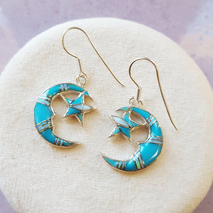 Arizona Turquoise and Inlaid Jewelry Moon and Star Earrings