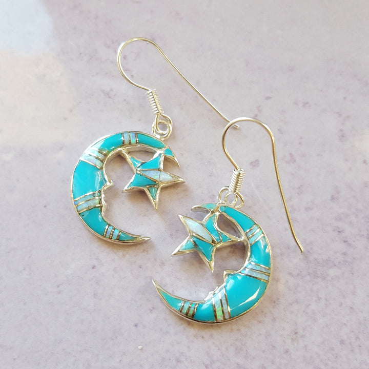 Arizona Turquoise and Inlaid Jewelry Moon and Star Earrings