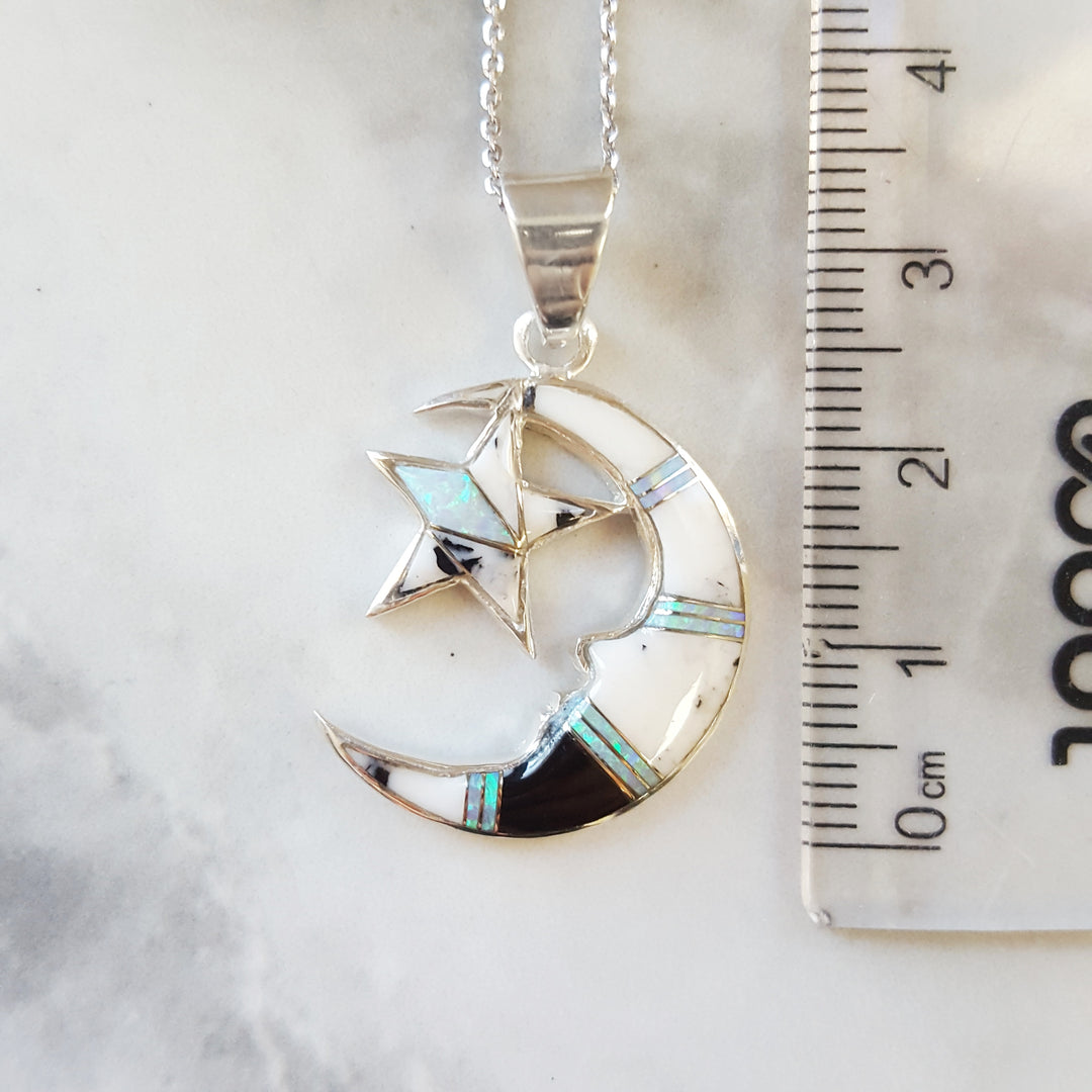 Sterling Silver White Buffalo Inlaid Moon and Star Pendant