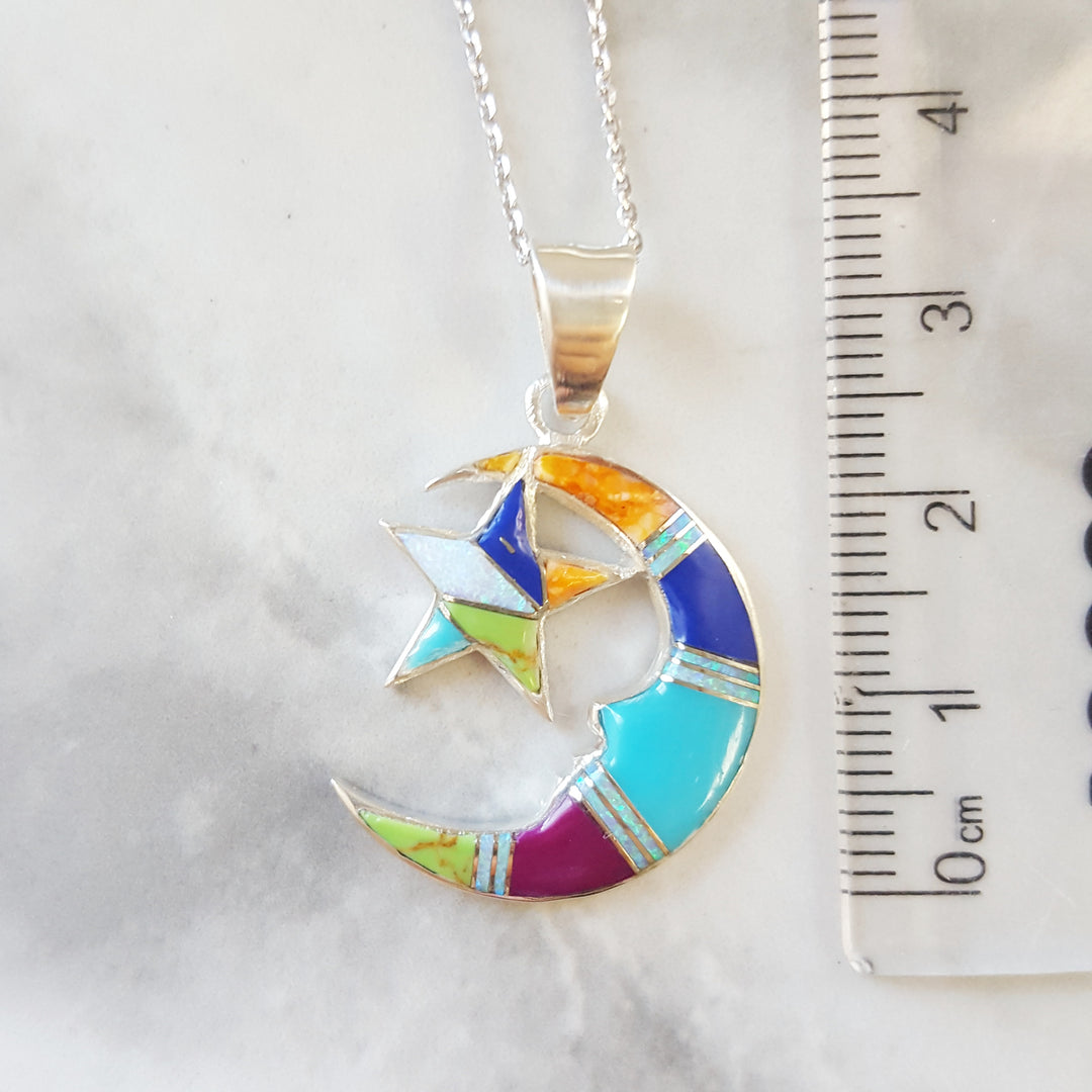 Arizona Turquoise and Inlaid Jewelry Multicolored Moon and Star Pendant