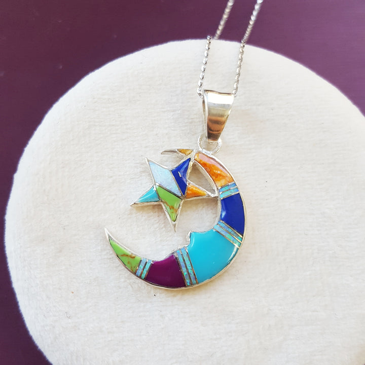Arizona Turquoise and Inlaid Jewelry Multicolored Moon and Star Pendant