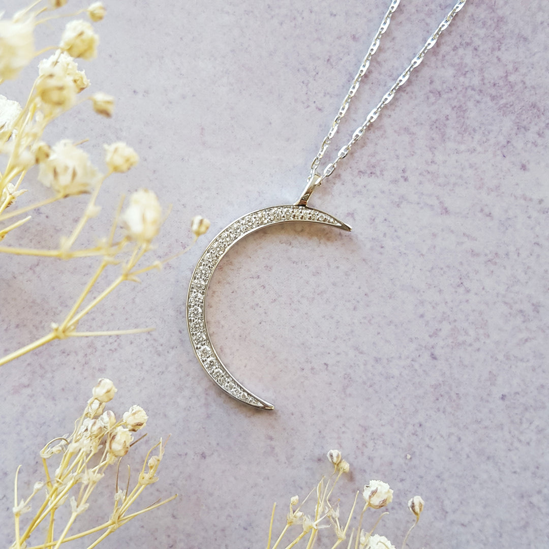 14K White Gold Crescent Moon Diamond Pendant